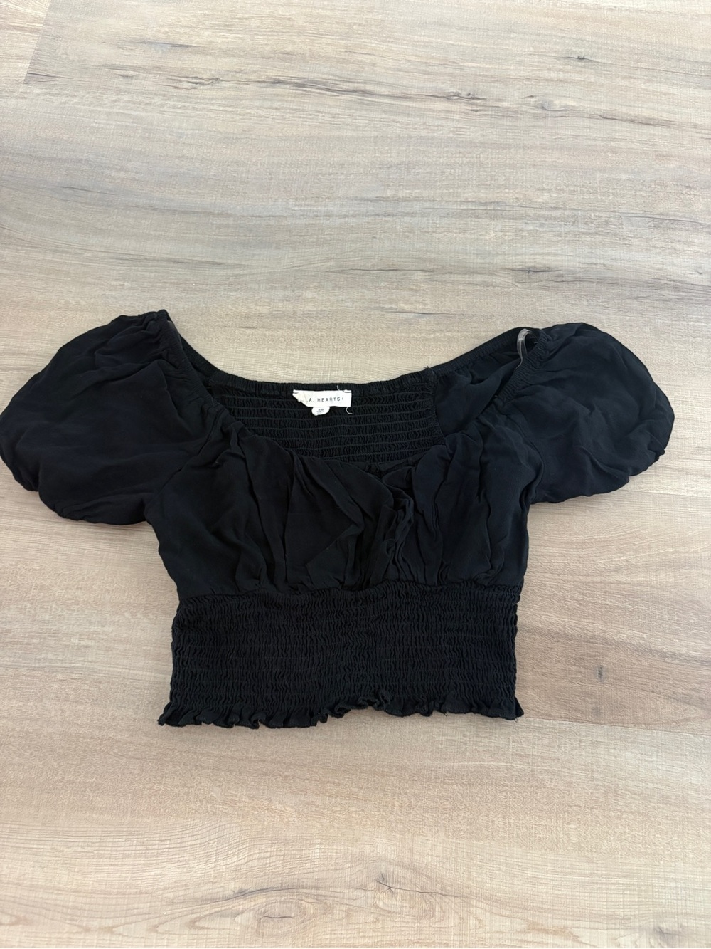 La Hearts Black Smocked Puff-Sleeve Crop Top